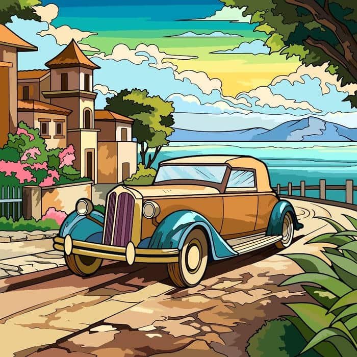 Đường viền thân xe nổi bật trong tranh vẽ ô tô