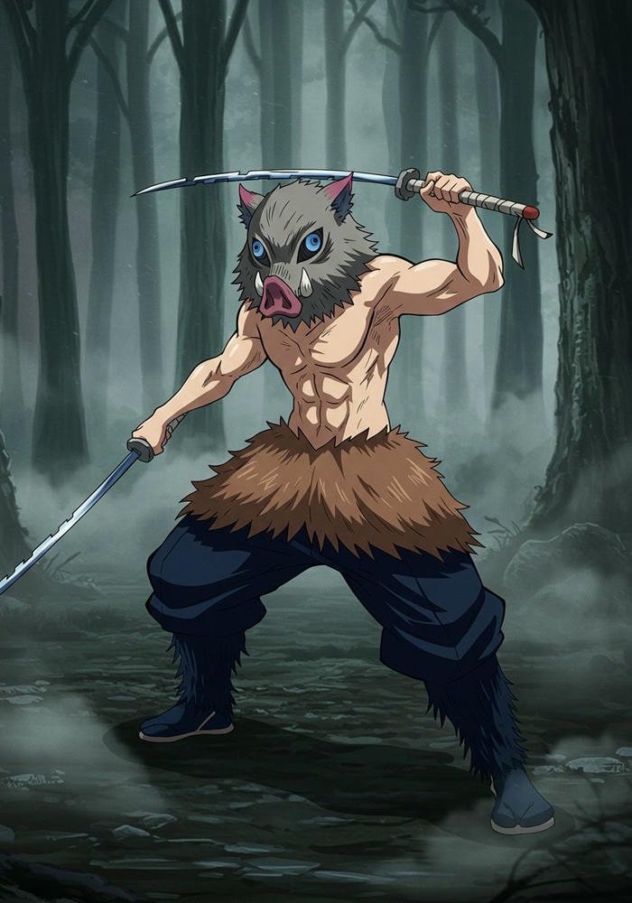 Hình Inosuke cầm đôi kiếm bén