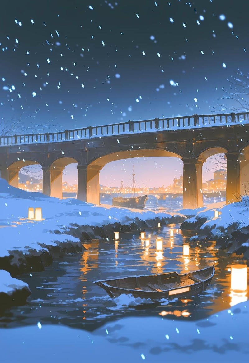 Hình ảnh tuyết rơi anime cảnh đêm tuyết