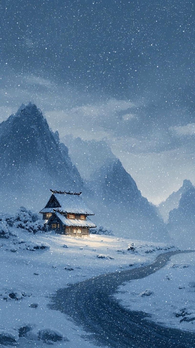 Hình ảnh tuyết rơi anime con đường phủ tuyết