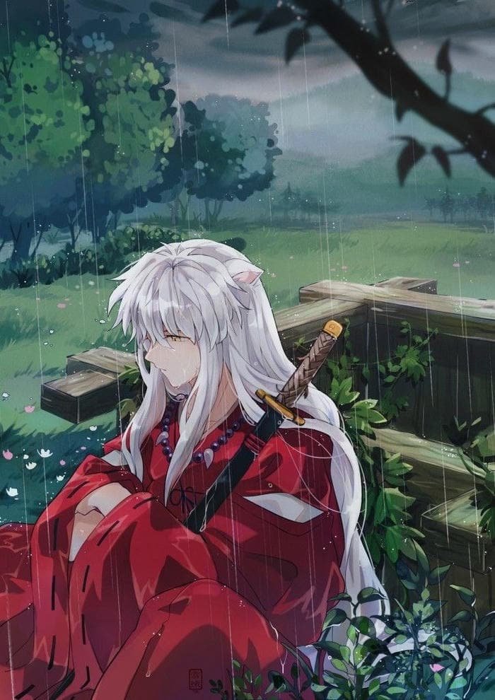 hình Inuyasha đang buồn dưới mưa