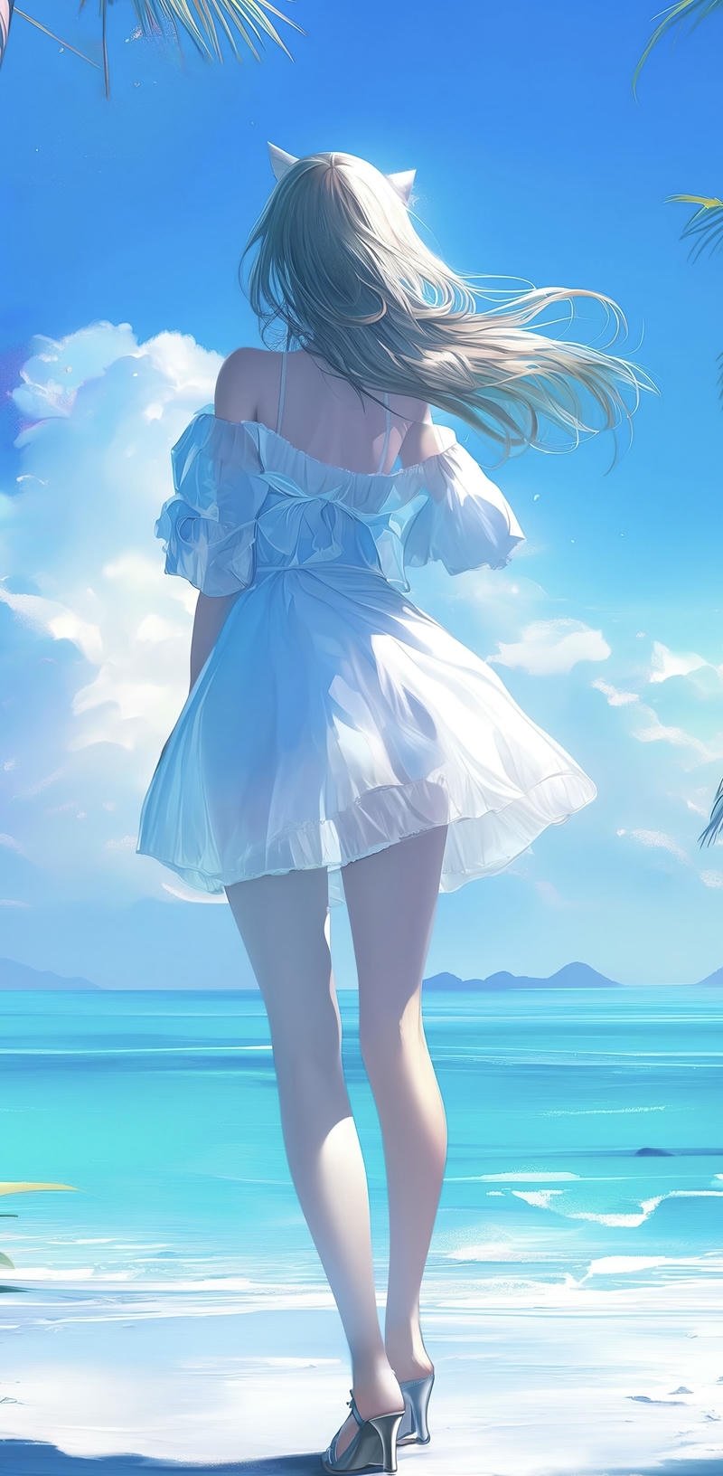 Ảnh cô gái quay lưng anime tóc dài dưới trời xanh