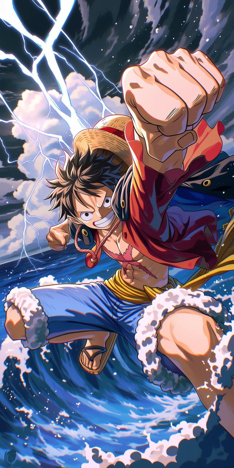 Cảnh nhân vật Luffy giơ tay đầy khí thế trong One Piece