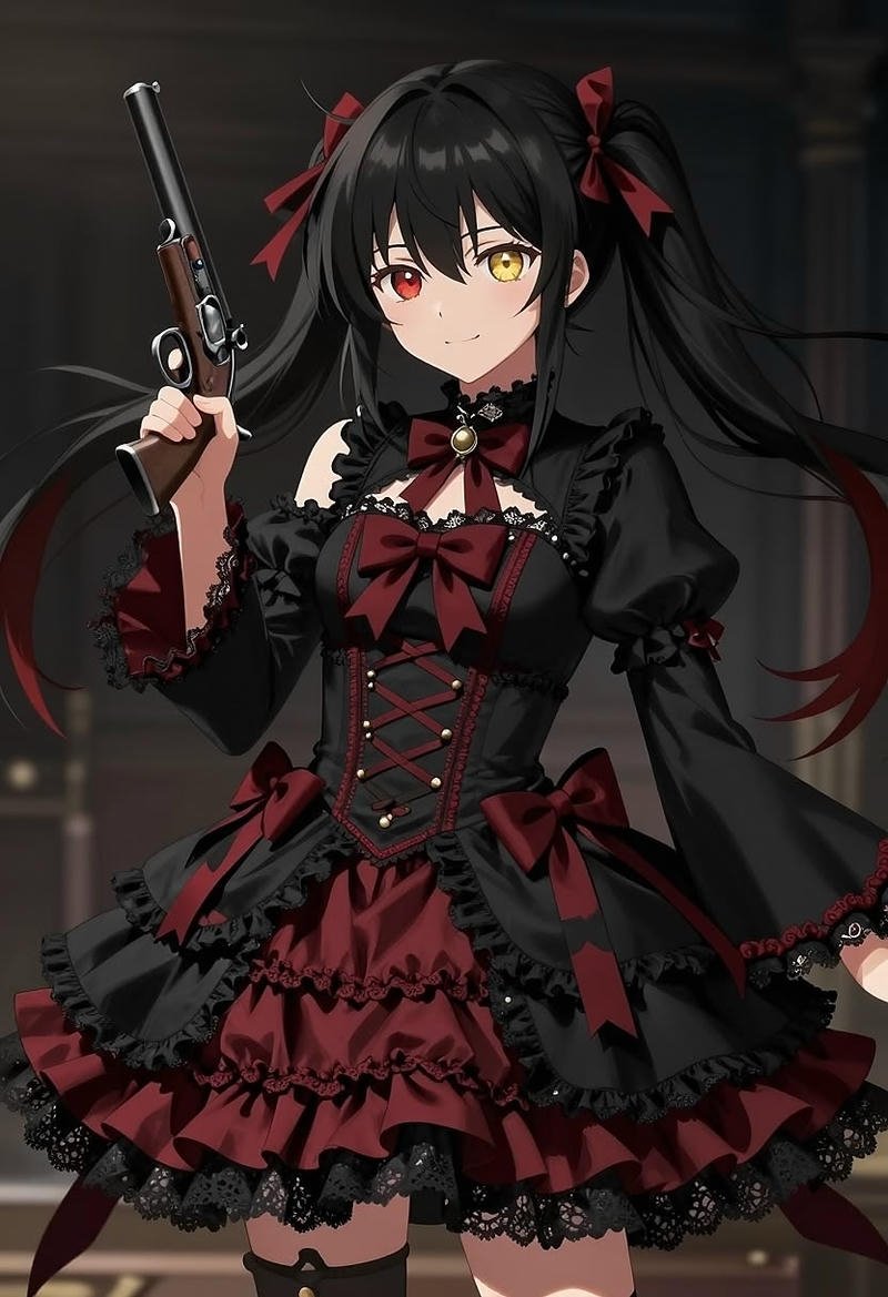 Hình Kurumi tạo dáng mạnh mẽ giữa khung cảnh tối