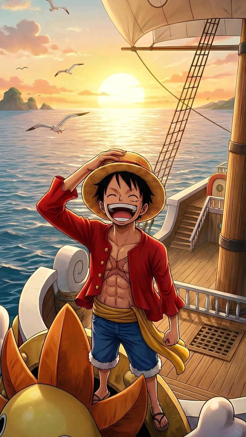 Hình nhân vật Luffy đứng giữa khung cảnh đại dương