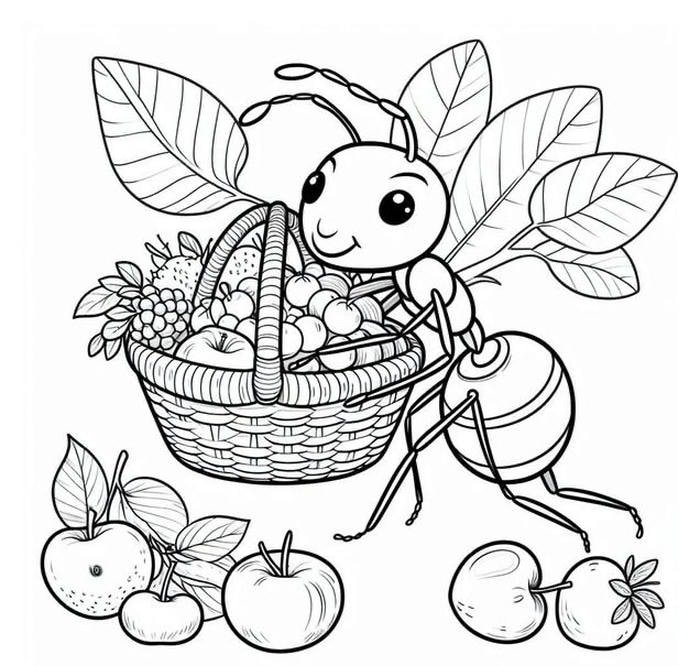ảnh tranh tô màu con kiến bê giỏ hoa quả