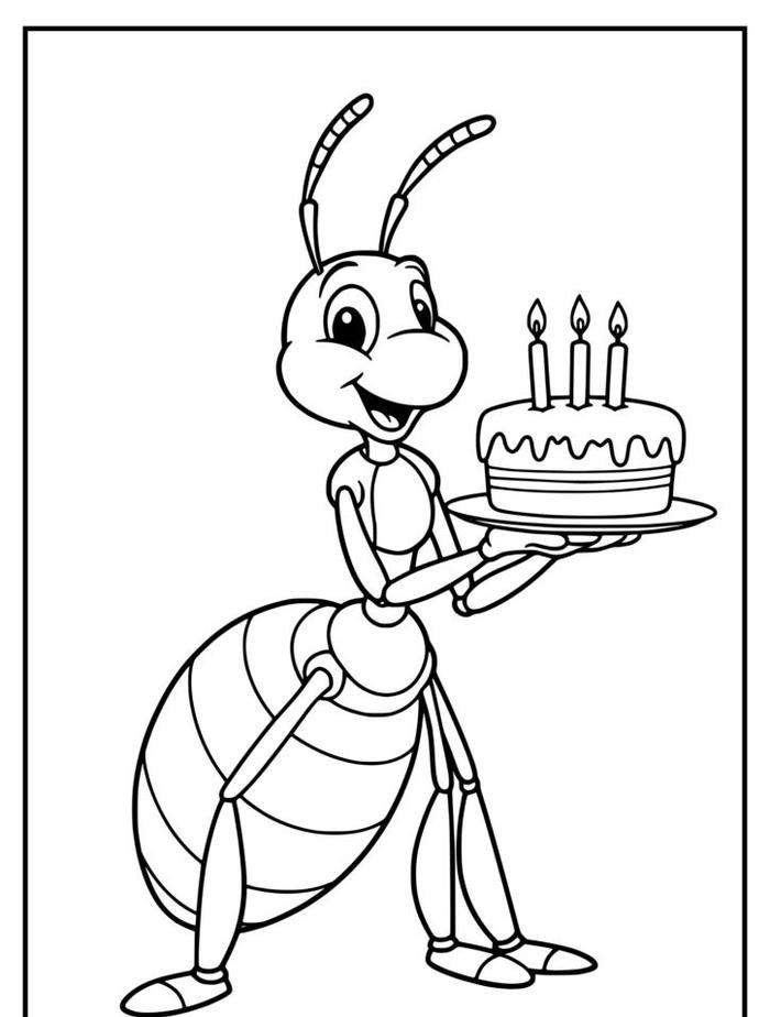 ảnh tranh tô màu con kiến cầm bánh kem