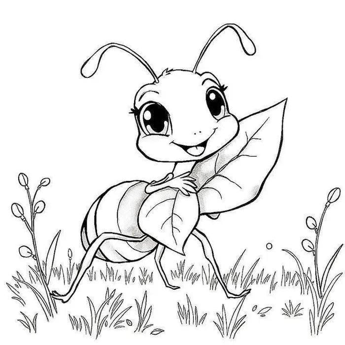 ảnh tranh tô màu con kiến ôm chiếc lá