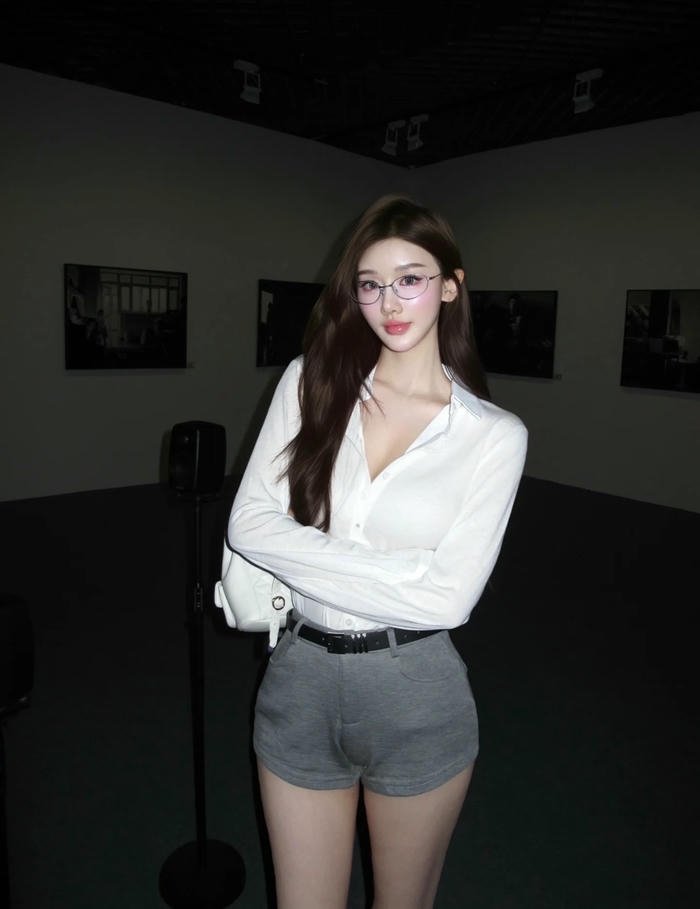 gái đeo kính mặc áo sơ mi trắng thanh lịch