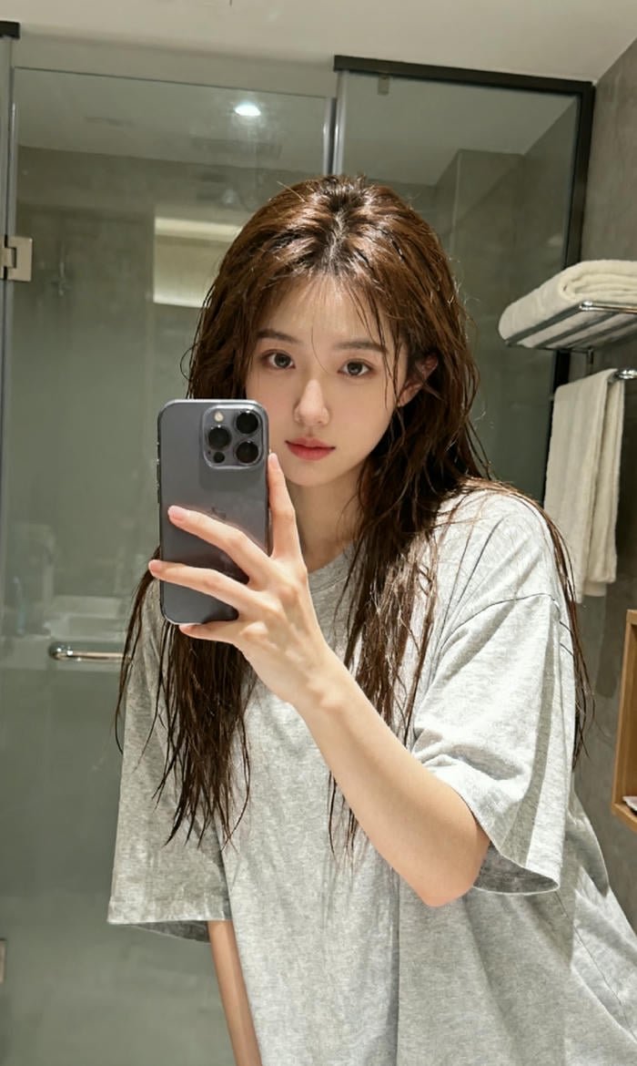 gái xinh selfie gương áo phông