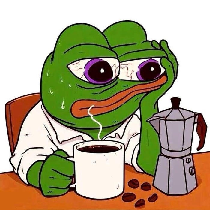 meme ếch xanh buồn rầu uống cafe
