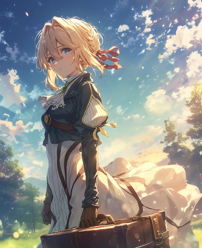 Ảnh Violet Evergarden đứng giữa cánh đồng hoa rực rỡ