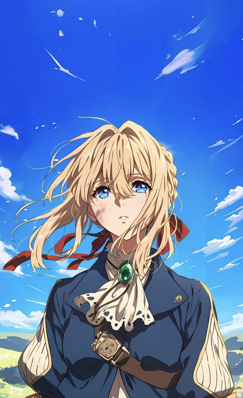 Ảnh Violet Evergarden dưới bầu trời xanh trong yên bình
