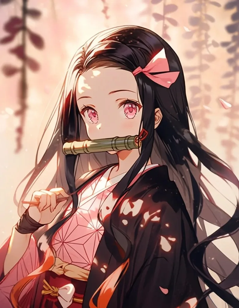 Ảnh anime nezuko với mái tóc dài bay nhẹ tự nhiên