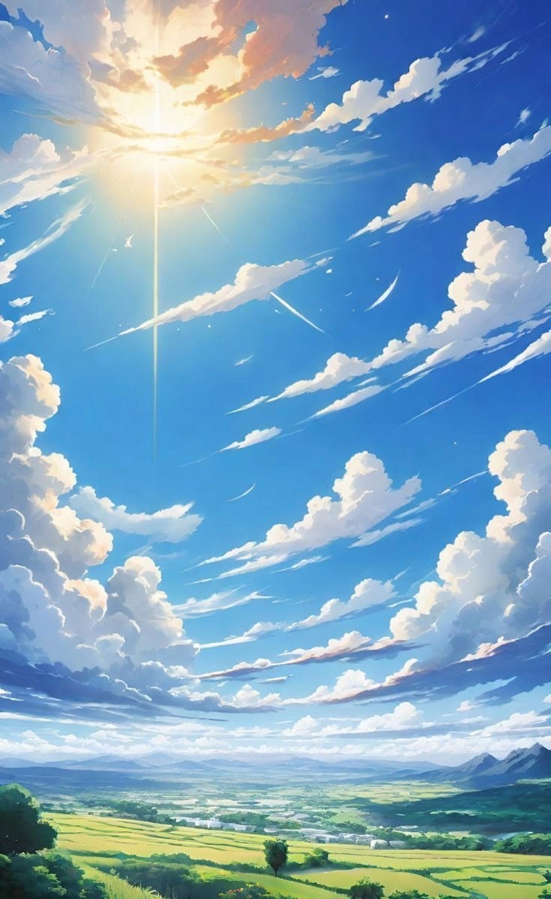 Ánh chiều tà lan rộng trên nền mây anime bầu trời