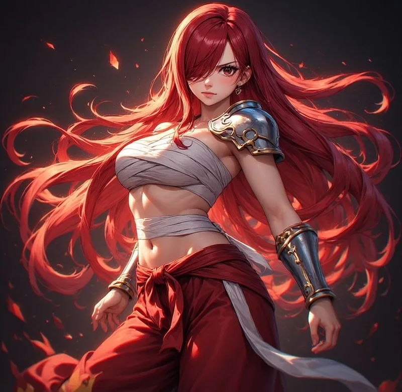 Ảnh erza anime với ánh nhìn sắc lạnh đầy uy lực