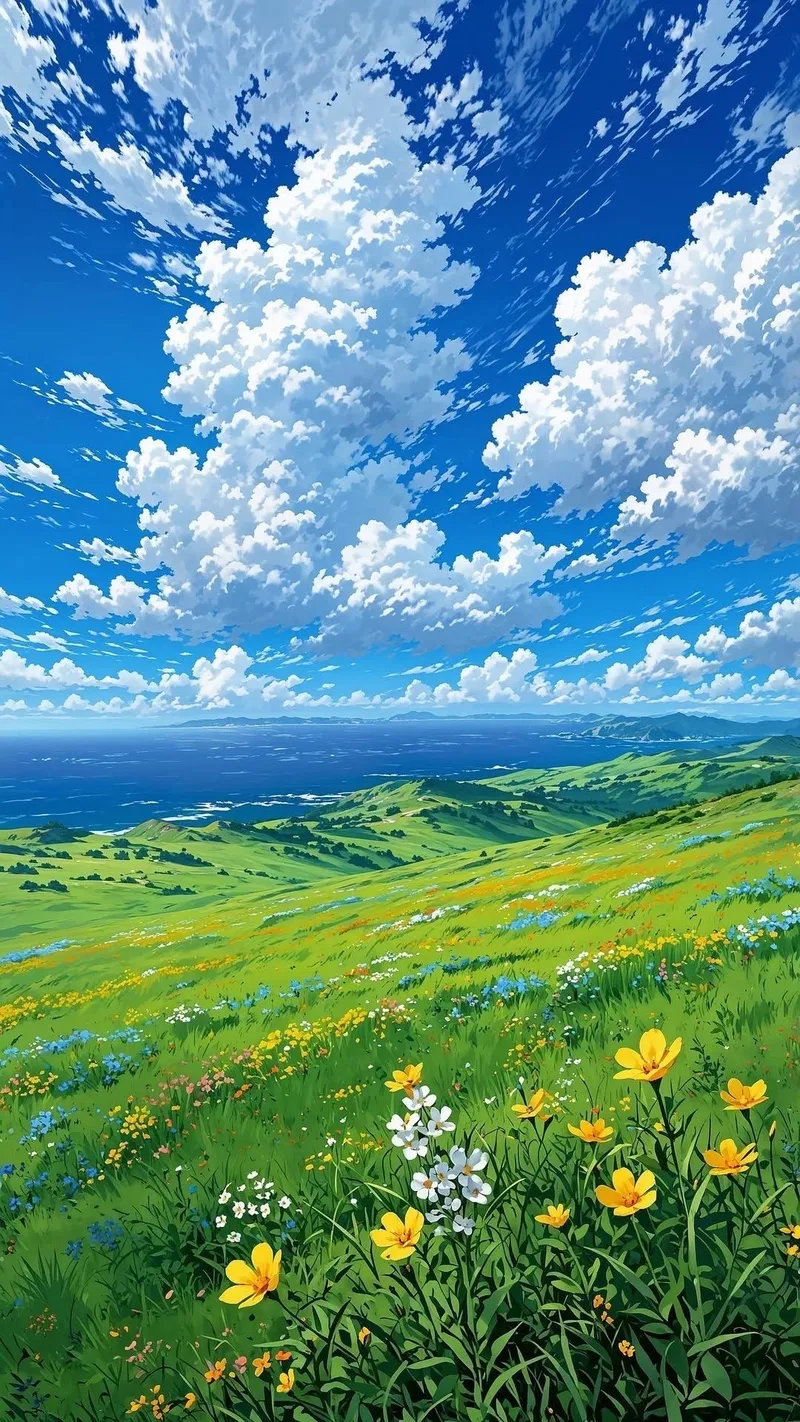Ảnh phong cảnh anime với cảnh biển và sóng nhẹ