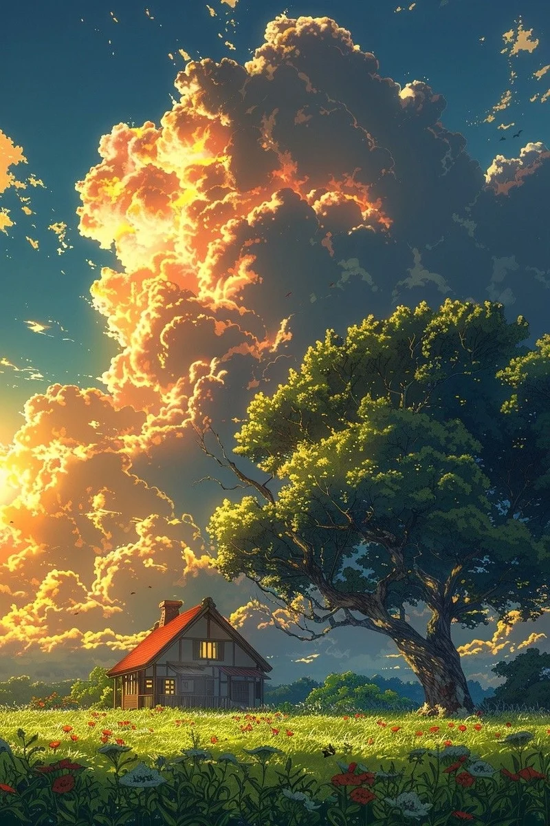 Ảnh phong cảnh anime với con đường nhỏ giữa thiên nhiên