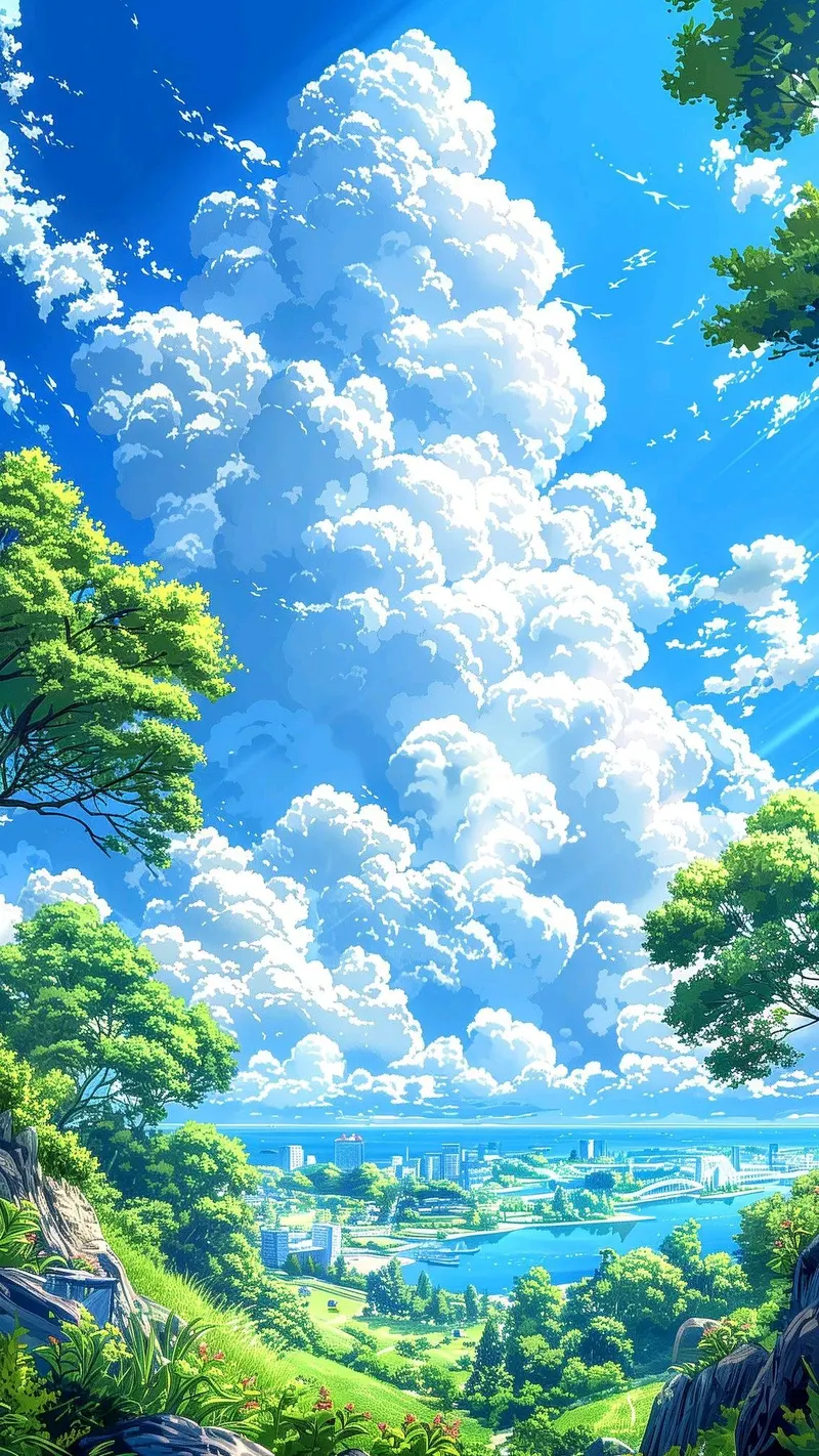 Bầu trời xanh trong với mây trắng nhẹ anime bầu trời