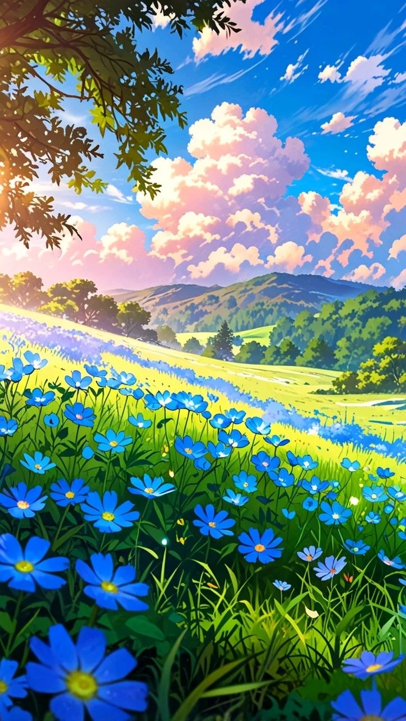 Bức ảnh phong cảnh anime với cảnh trời và núi