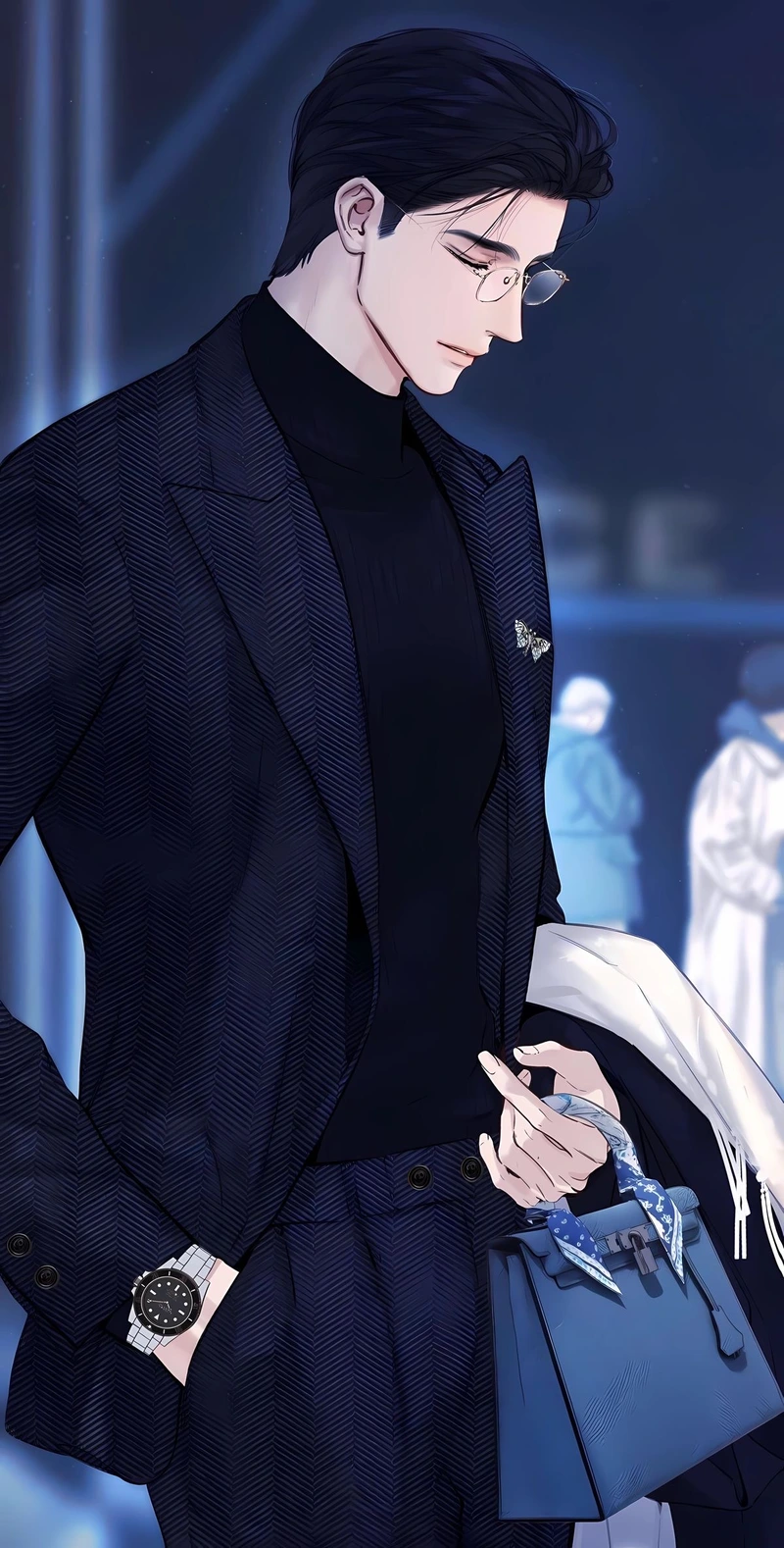 Bức ảnh tổng tài anime đứng nghiêng với ánh nhìn sâu