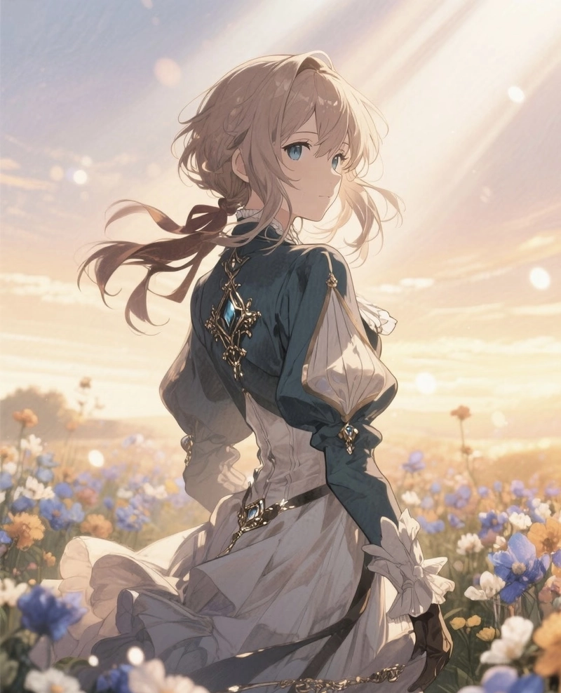 Bức hình Violet Evergarden cầm ô đi dưới trời mưa nhẹ