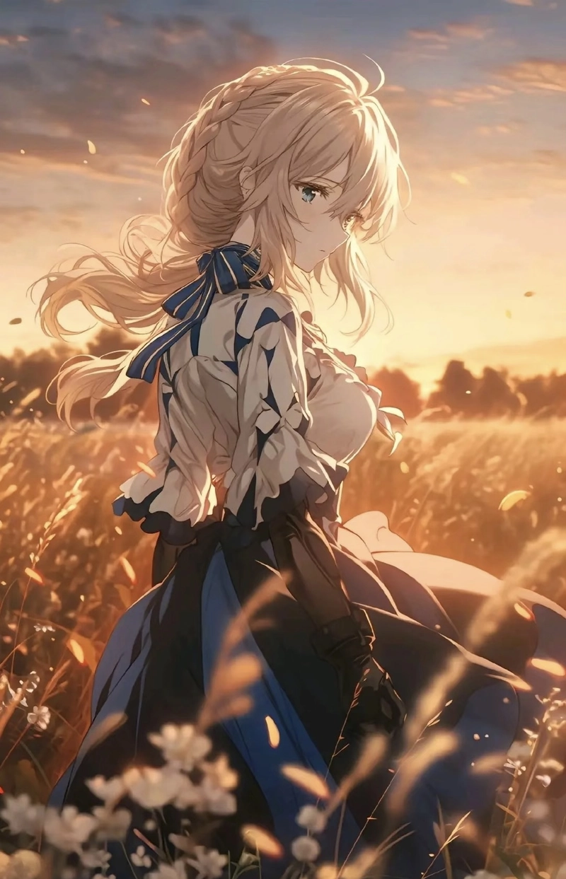 Bức hình Violet Evergarden đứng giữa cánh đồng hoa vàng