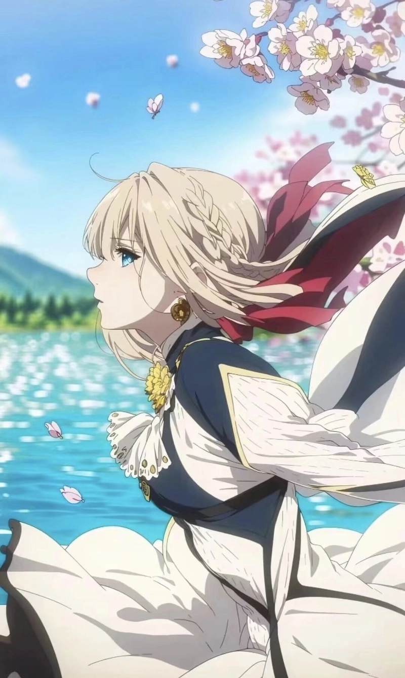 Bức hình Violet Evergarden trong trang phục xanh đặc trưng nổi bật