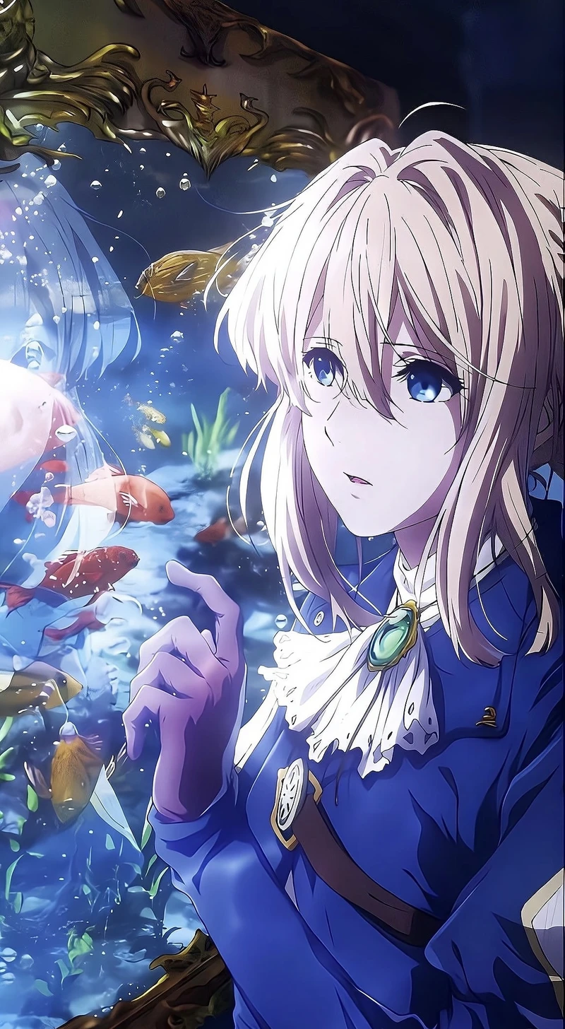 Bức hình Violet Evergarden viết thư với biểu cảm suy tư