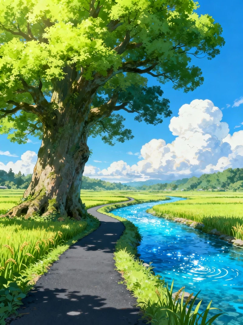 Góc nhìn phong cảnh anime với núi non hùng vĩ