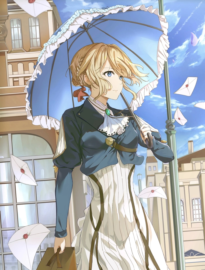 Hình ảnh Violet Evergarden cầm chiếc ô trong ngày mưa nhẹ