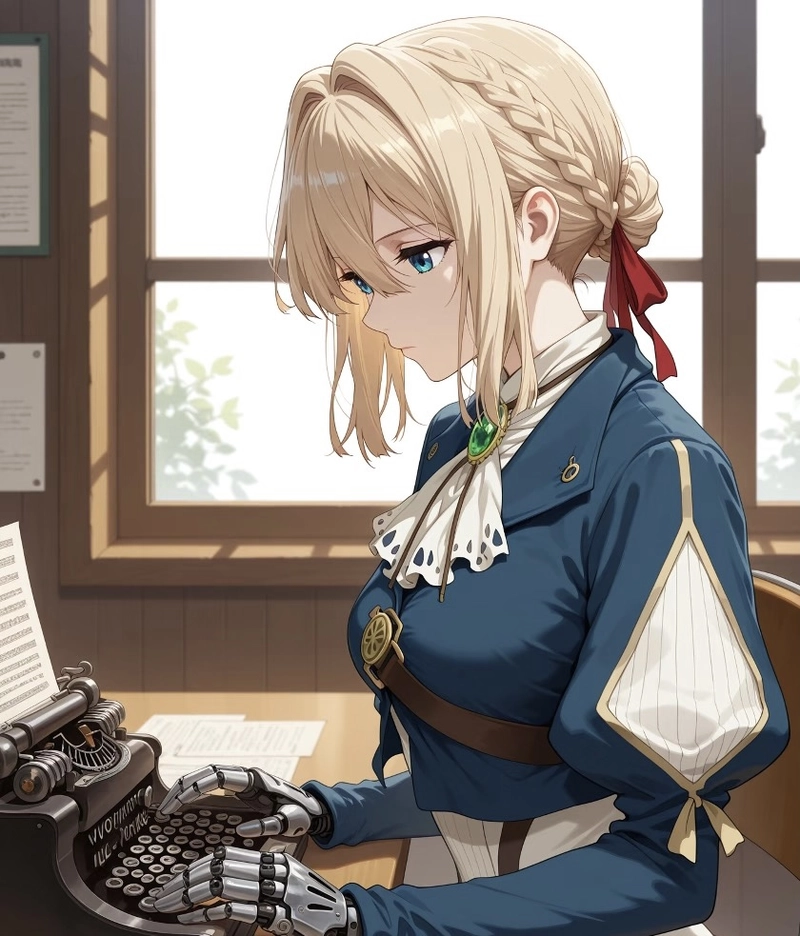 Hình ảnh Violet Evergarden ngồi bên cửa sổ với ánh sáng dịu nhẹ