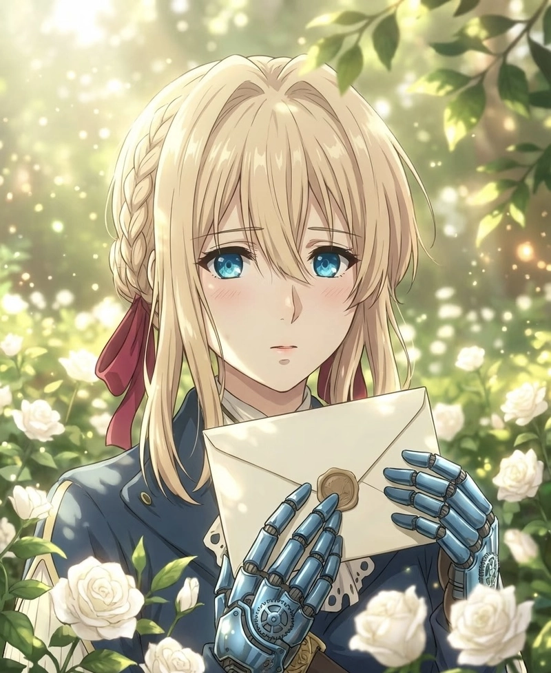 Hình ảnh Violet Evergarden trong bộ váy xanh giữa cánh đồng hoa