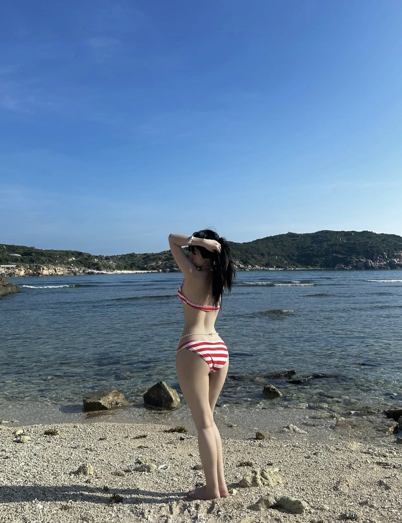 Hình gái xinh mặc bikini đi biển che mặt quay lưng