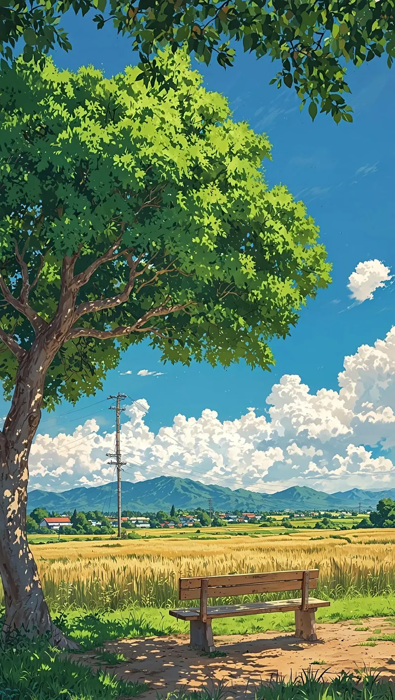 Hình phong cảnh anime với cánh đồng xanh trải dài