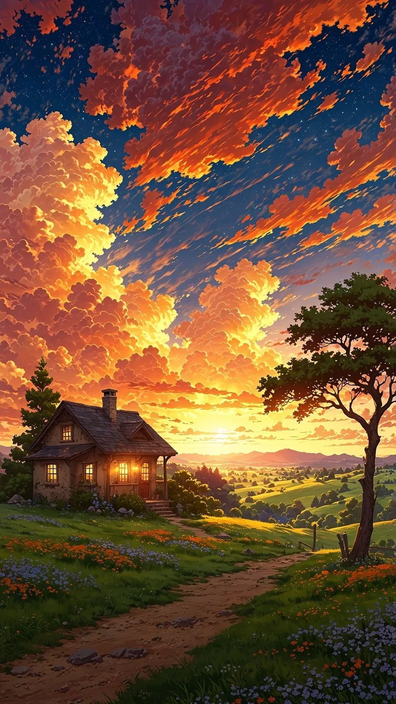 Hình phong cảnh anime với hàng cây xanh mát