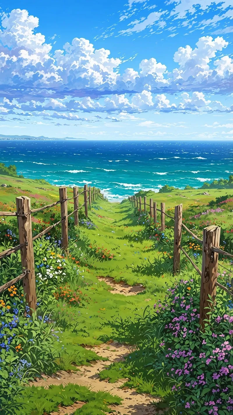 Hình phong cảnh anime với khung trời xanh trong trẻo