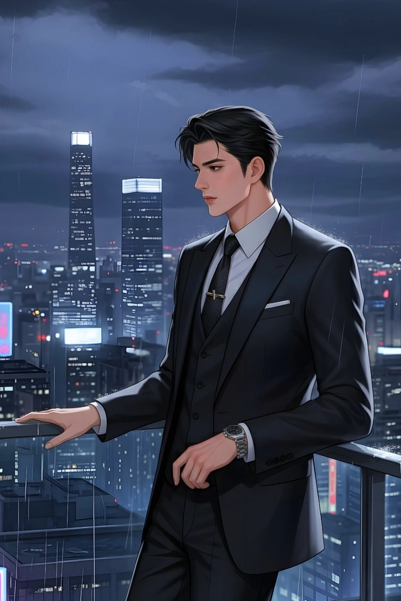 Hình tổng tài anime đứng thẳng với ánh nhìn tự tin