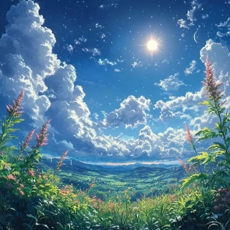 Không gian trời rộng với gam màu nhẹ anime bầu trời