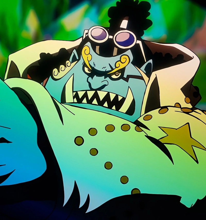 Khung hình Jinbe anime với ánh mắt sâu đầy uy lực