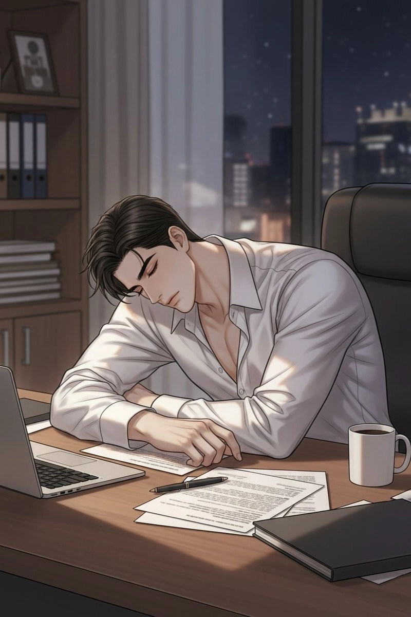 Khung hình tổng tài anime với ánh mắt trầm ổn
