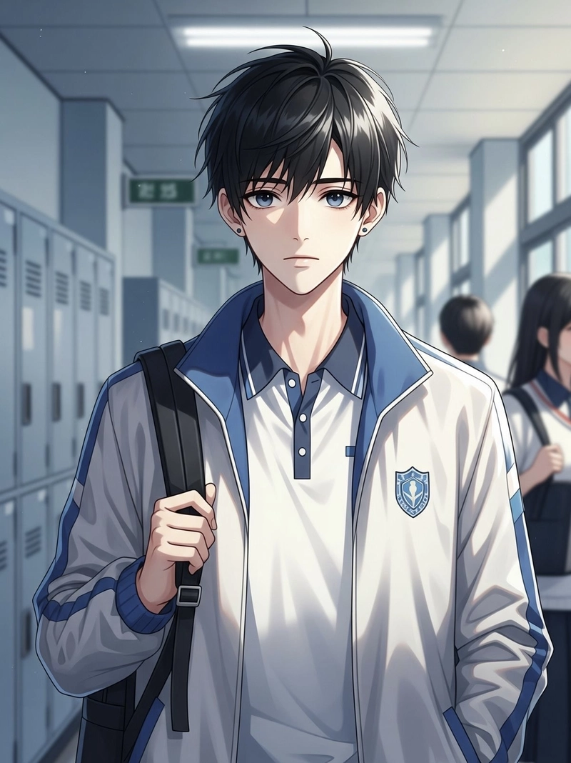 Nam sinh đứng thẳng với ánh nhìn trầm anime học nam