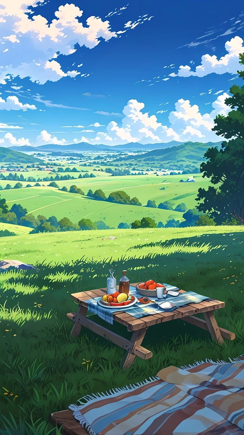 Tạo hình phong cảnh anime với núi xa mờ ảo