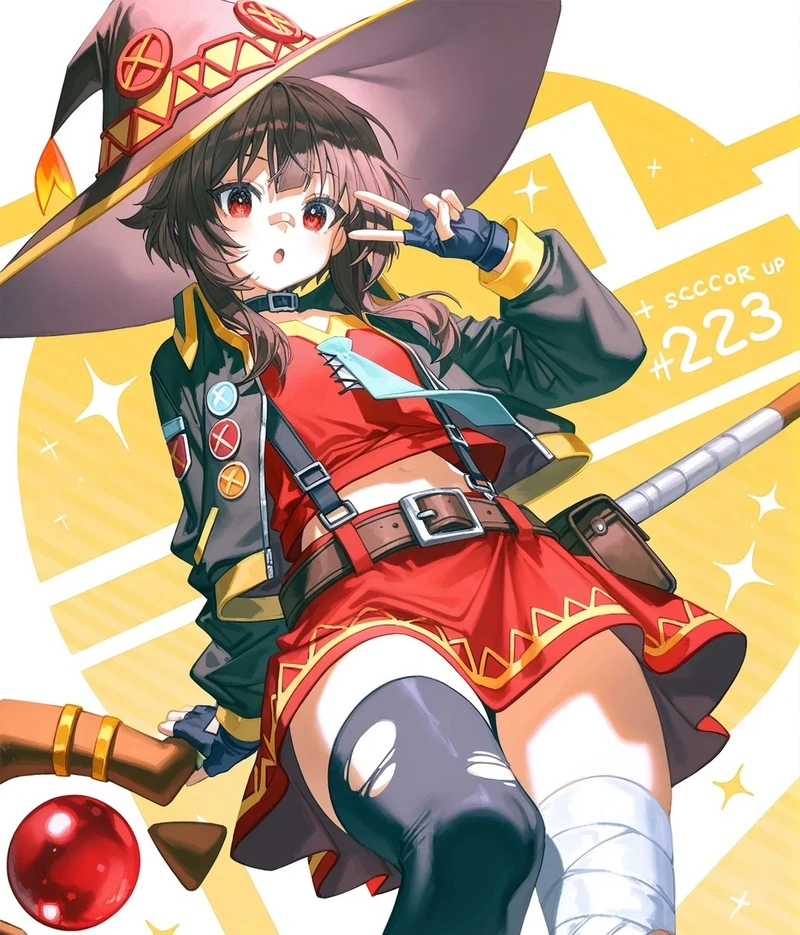 Tông màu rực rỡ làm nổi bật nhân vật Megumin tạo dáng