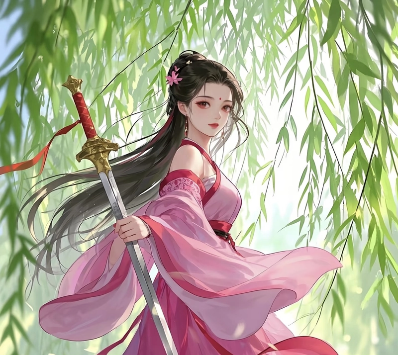 Ảnh anime nữ cầm kiếm trong khung cảnh fantasy