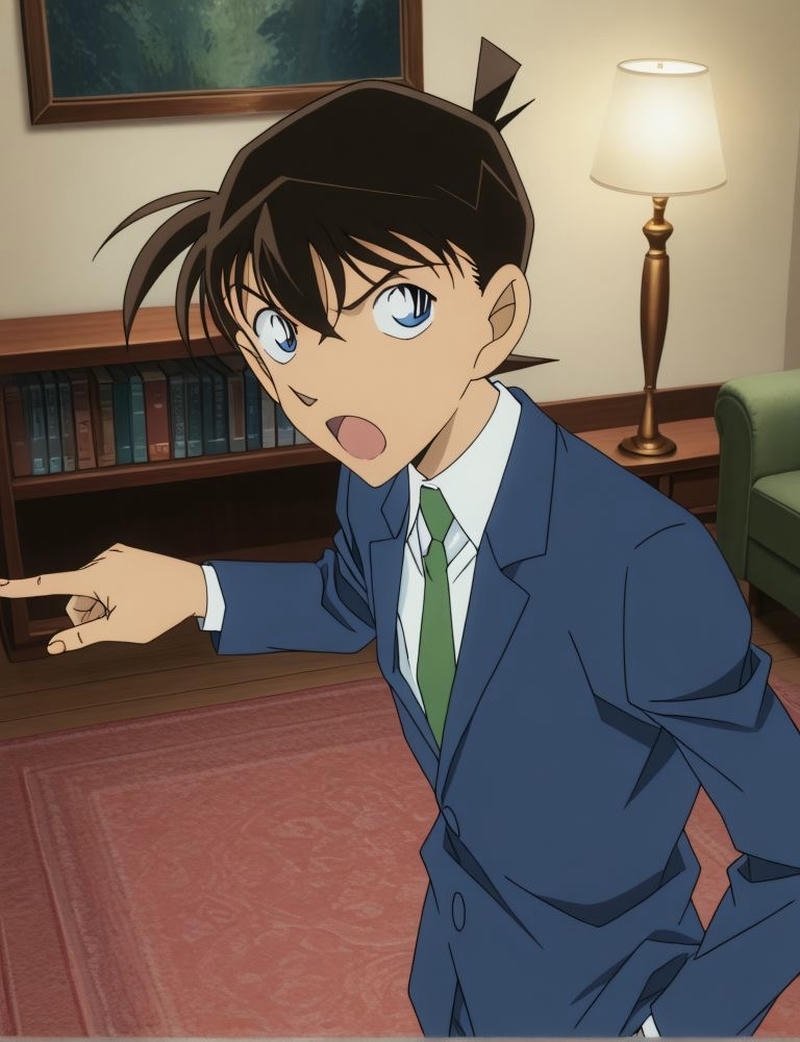 Ánh nhìn Kudo Shinichi anime với biểu cảm suy luận