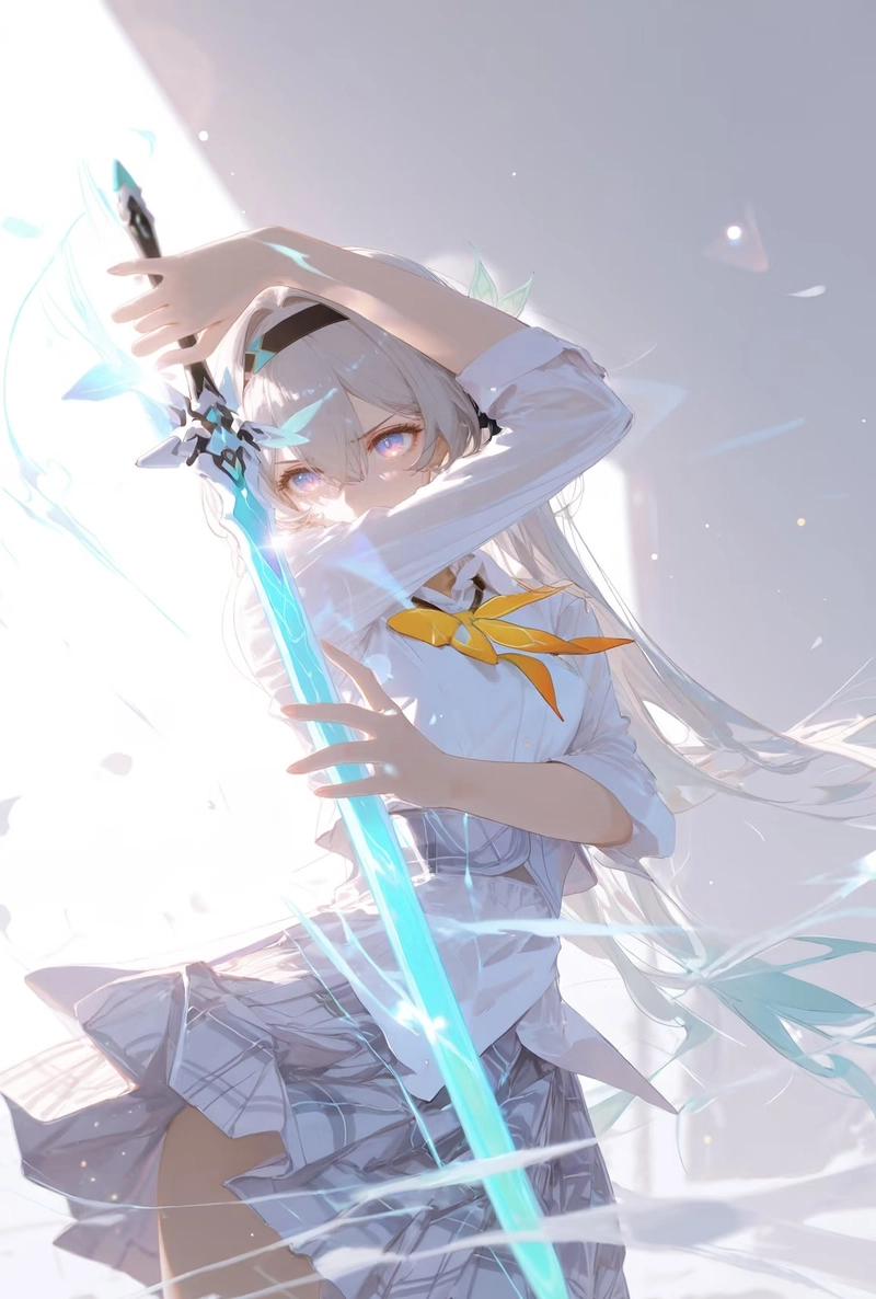 Bức ảnh anime nữ cầm kiếm trong tư thế mạnh mẽ