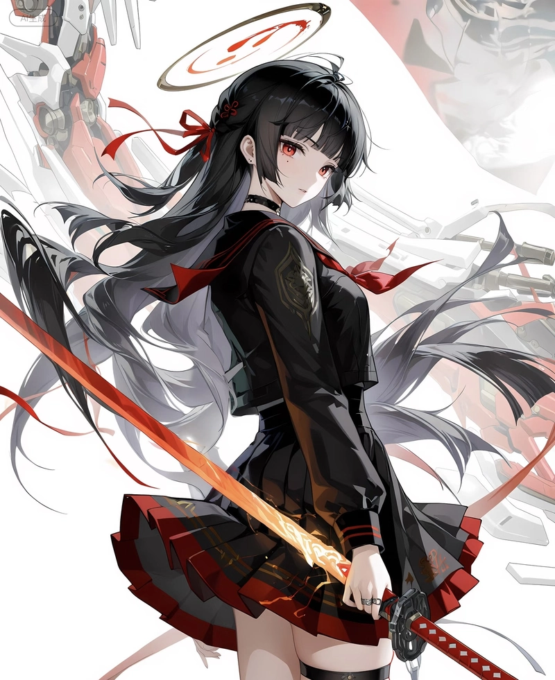 Bức ảnh anime nữ cầm kiếm với mái tóc bay nhẹ