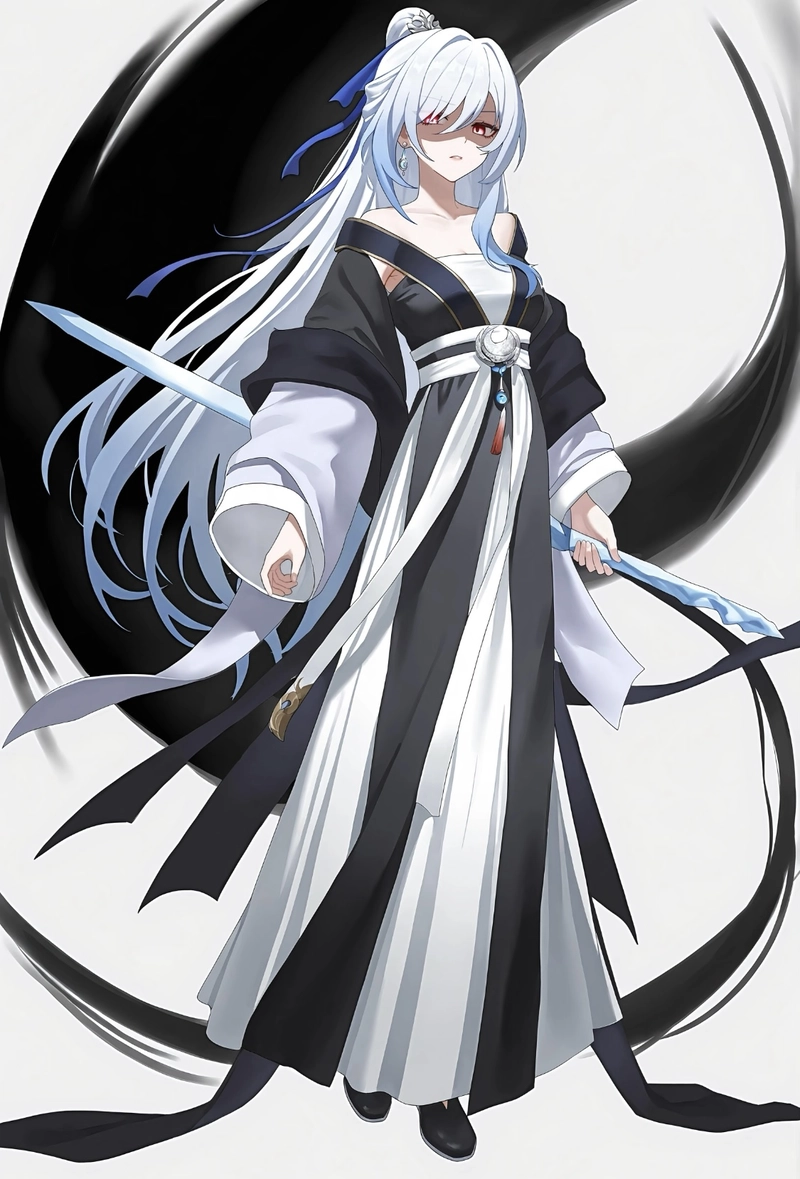 Bức ảnh nữ kiếm sĩ anime giữa không gian rộng lớn