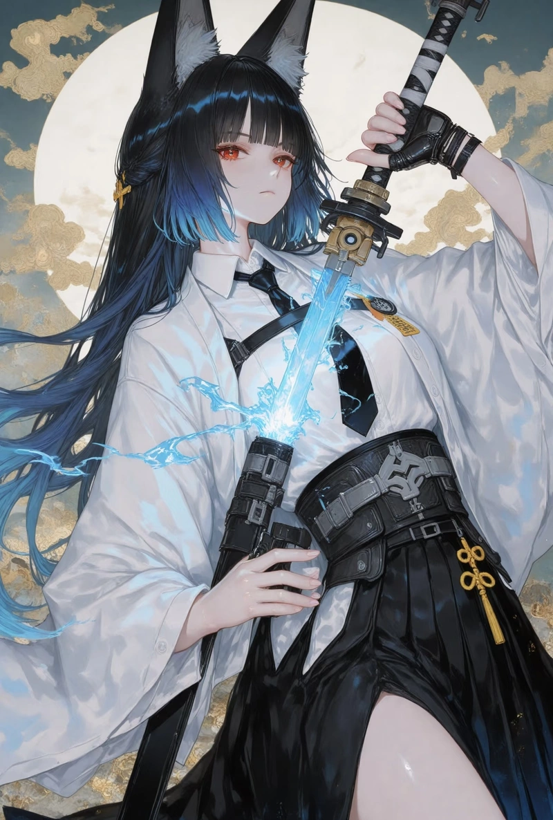 Góc nhìn anime nữ cầm kiếm giữa bầu trời rực sáng